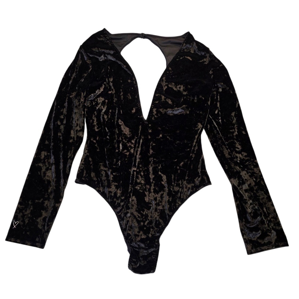 Victorias Secret Black Crushed Velvet Plunge Long Sleeve Bodysuit M/L Heart Logo
